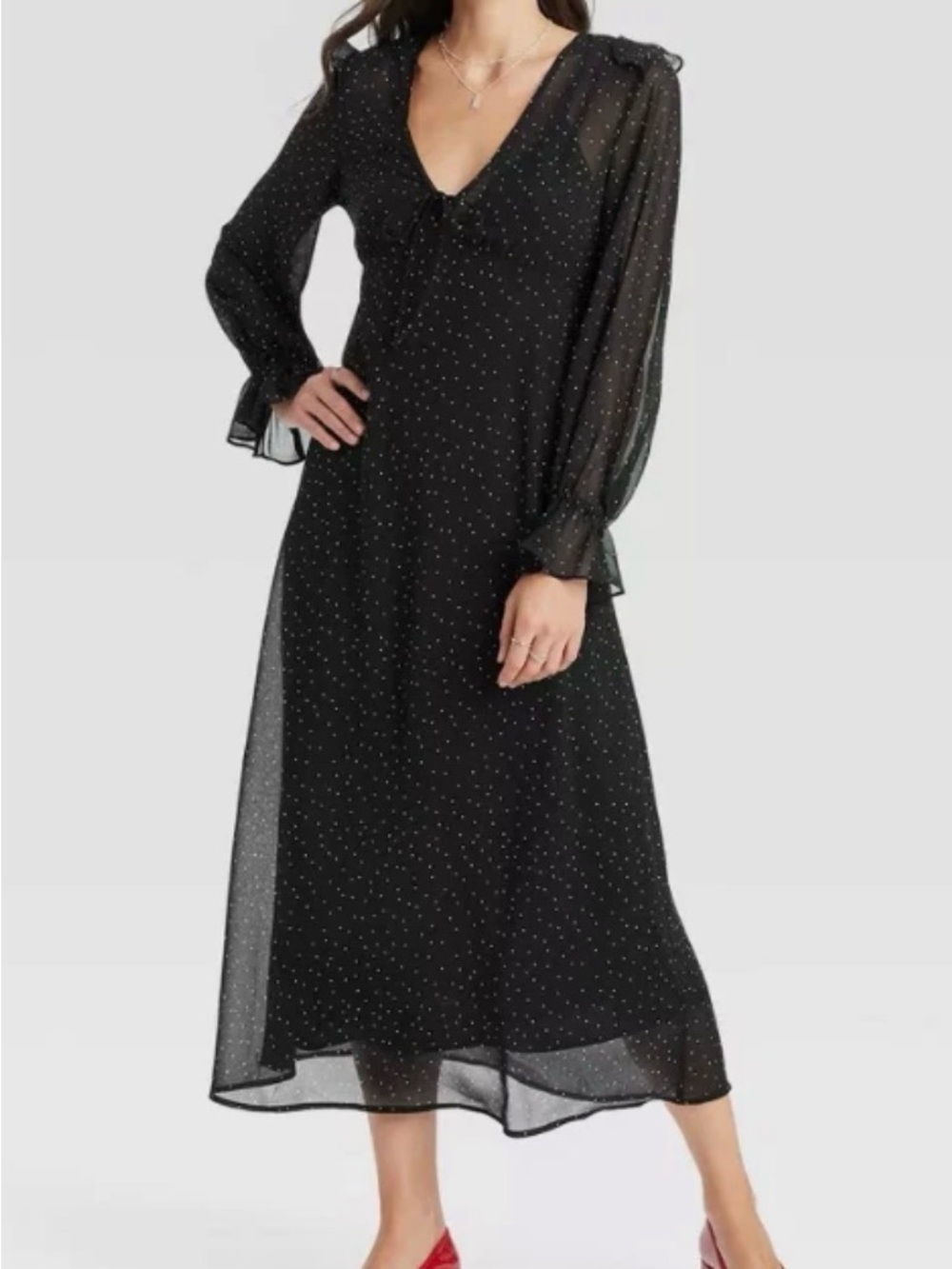 Long Sleeve Sheer Maxi Dress - A New Day black with white polka dots size M